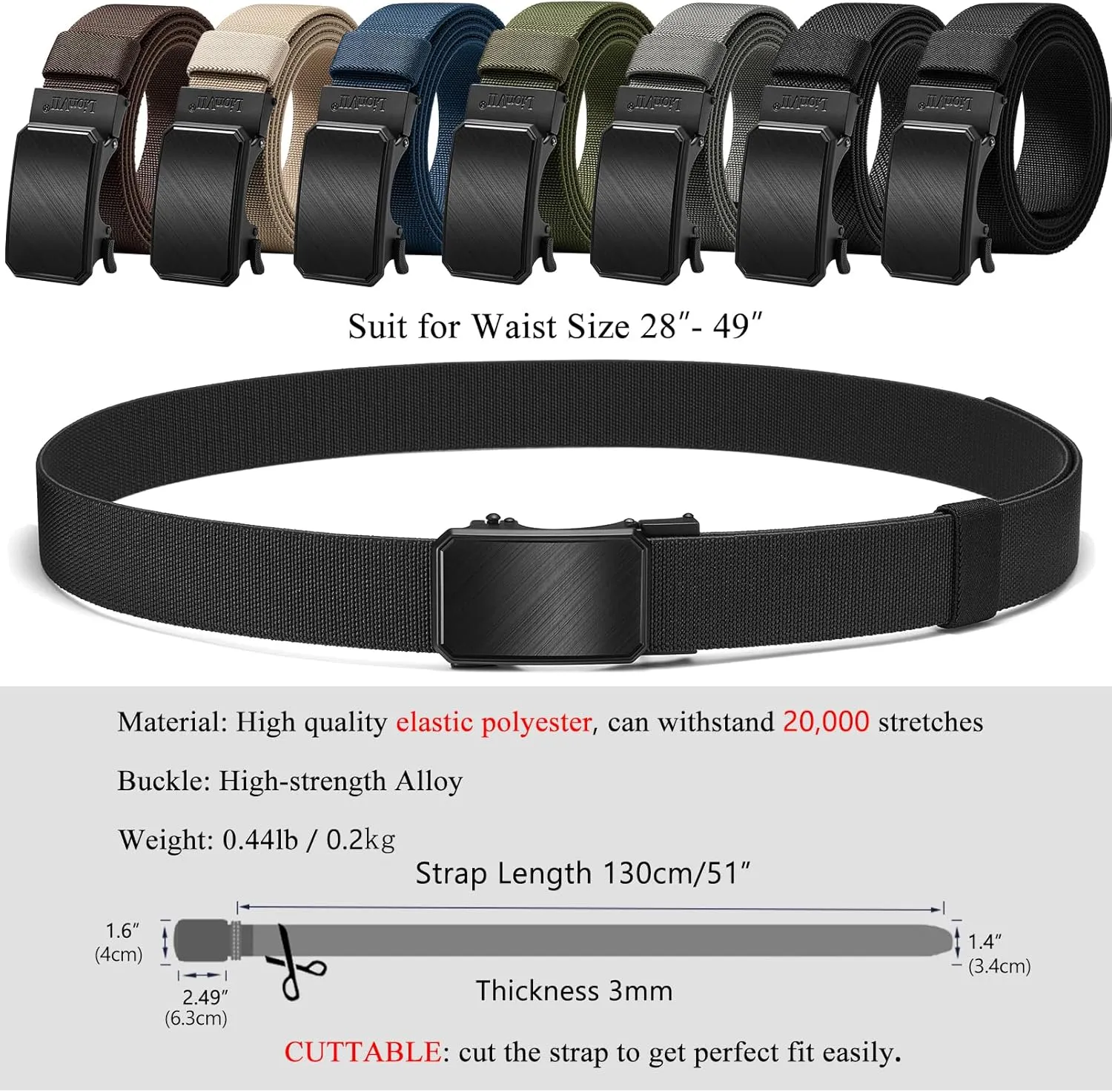LionVII Mens Belt Ratchet Elastic, Stretch Belt for Work Slide with Automatic Buckle for Men, Adjustable to Fit 28-49" Waist