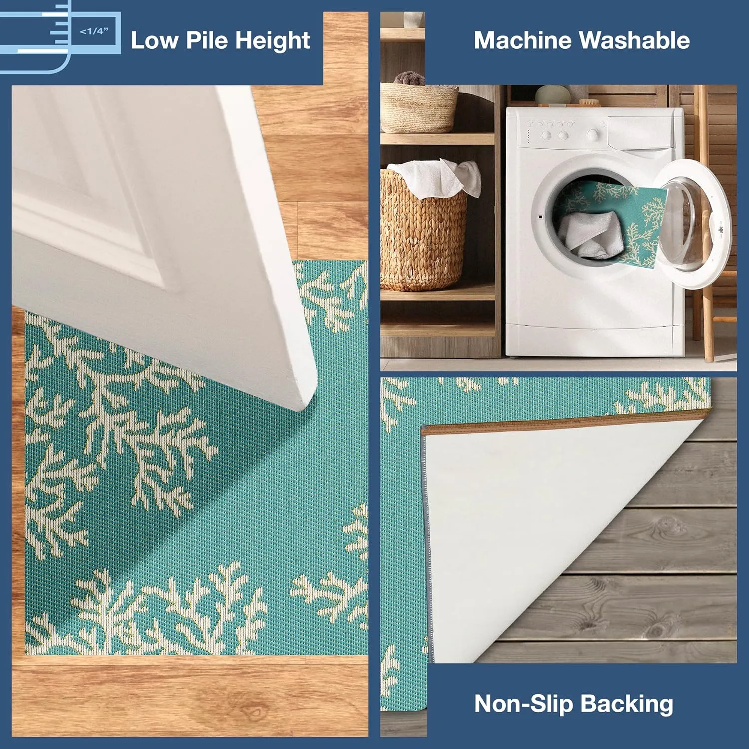 Liora Manne Esencia Machine Washable Non-Slip Low Profile Indoor/Outdoor Mat-Transitional, Coastal, Beach, Border, Coral Edge Aqua 2' x 2'10"
