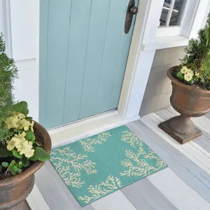 Liora Manne Esencia Machine Washable Non-Slip Low Profile Indoor/Outdoor Mat-Transitional, Coastal, Beach, Border, Coral Edge Aqua 2' x 2'10"