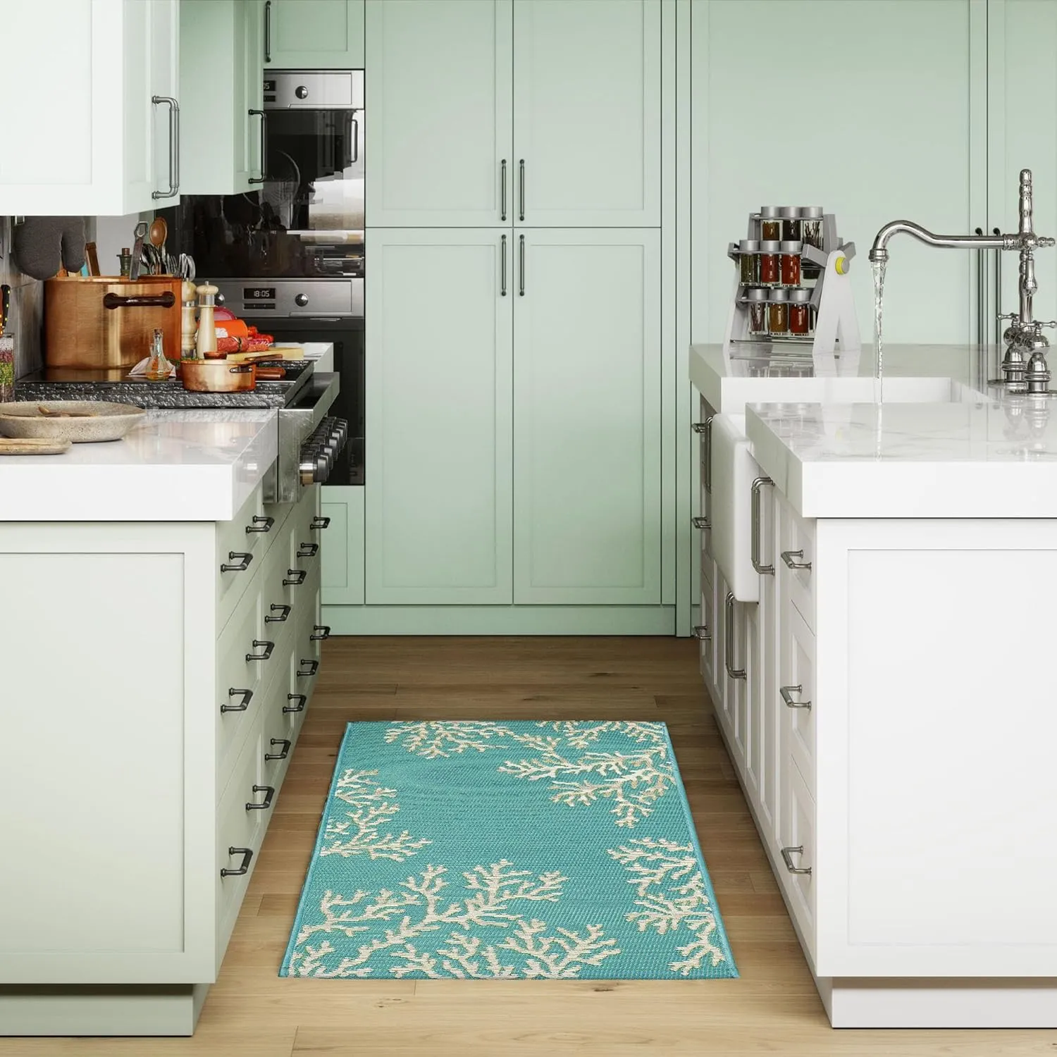 Liora Manne Esencia Machine Washable Non-Slip Low Profile Indoor/Outdoor Mat-Transitional, Coastal, Beach, Border, Coral Edge Aqua 2' x 2'10"