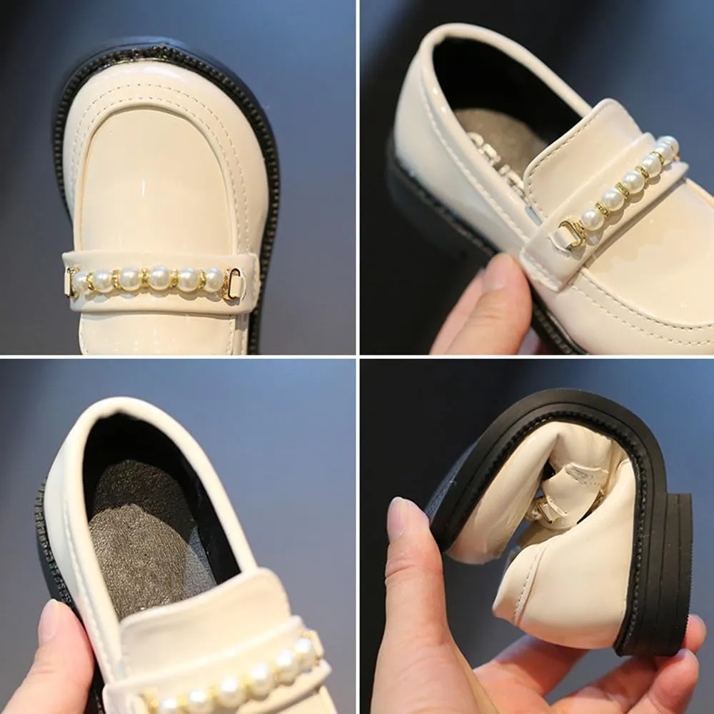 Little Girls Patent Leather Oxford Slip-On Penny Loafer Rhinestones Pearls Flats Black White School Uniform Dress Shoes for Toddlers/Little Girls