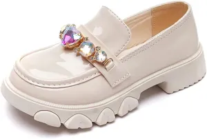 Little Girls Patent Leather Slip-On Penny Loafer Rhinestones Flats Black White School Uniform Dress Shoes for Girls