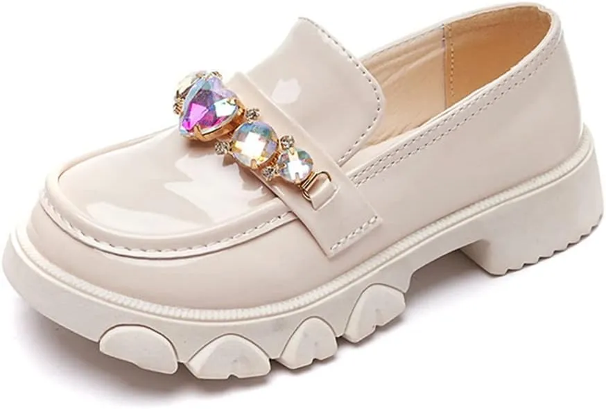 Little Girls Patent Leather Slip-On Penny Loafer Rhinestones Flats Black White School Uniform Dress Shoes for Girls