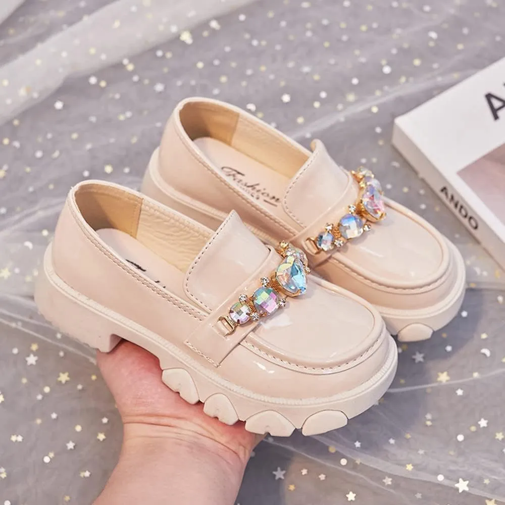 Little Girls Patent Leather Slip-On Penny Loafer Rhinestones Flats Black White School Uniform Dress Shoes for Girls