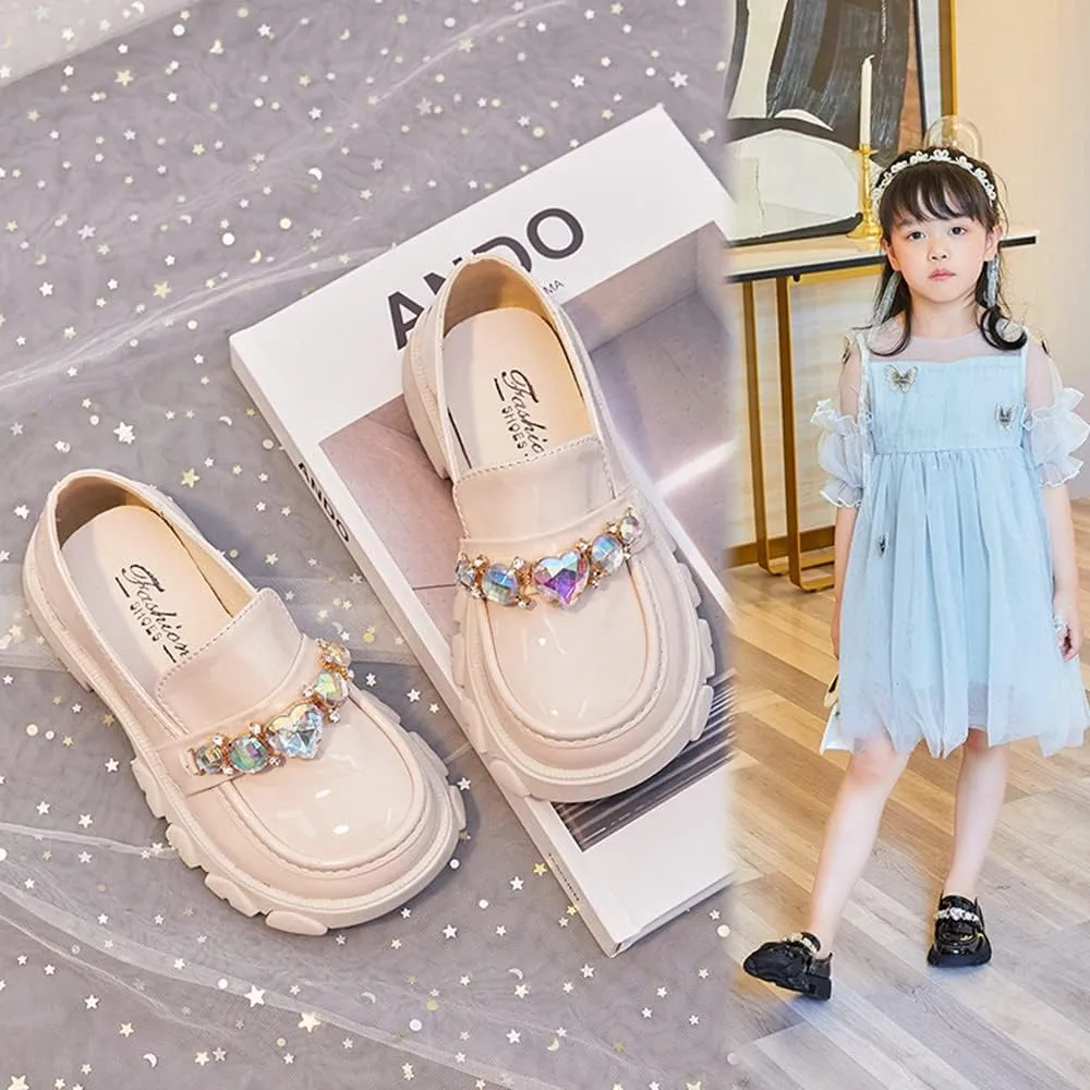 Little Girls Patent Leather Slip-On Penny Loafer Rhinestones Flats Black White School Uniform Dress Shoes for Girls
