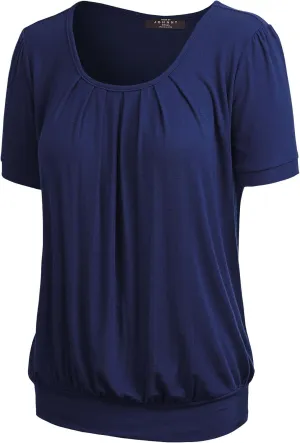 LL Womens Scoop Neck Short Sleeve Front Pleated Tunic - Made in USA