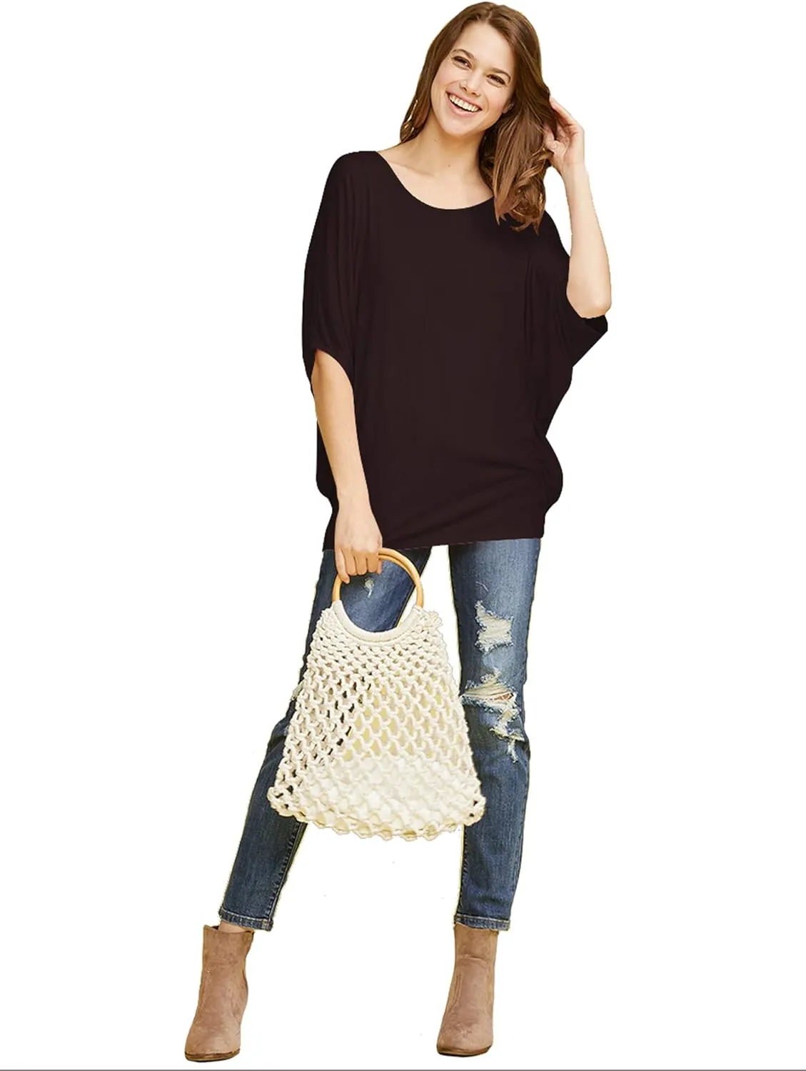 Lock and Love Women's Solid Scoop Neck Short Sleeve Loose Blouse Batwing Dolman Top Oversize
