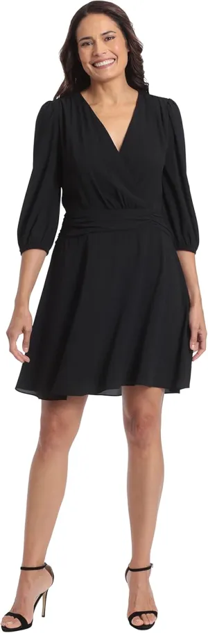 London Times Women's Shirred Surplice Bishop Sleeve Dress