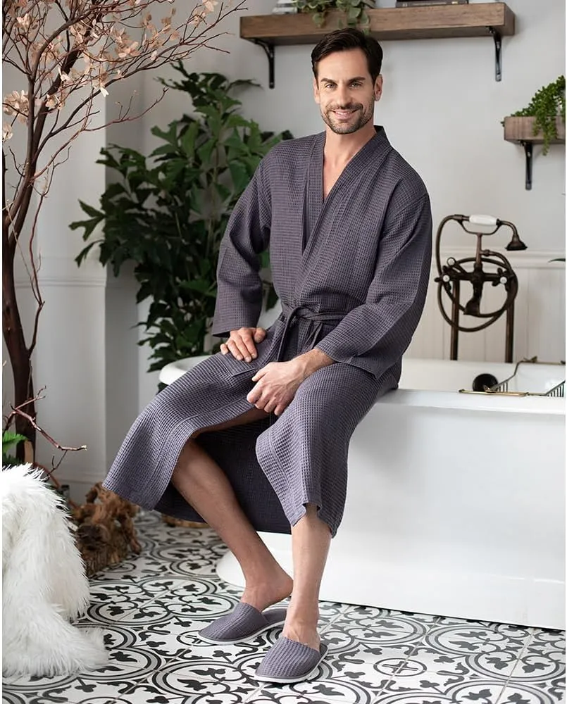 Lotus Linen Spa Men's Bath Robe – Soft Waffle Weave, Lightweight, Absorbent Cotton bathrobe for men