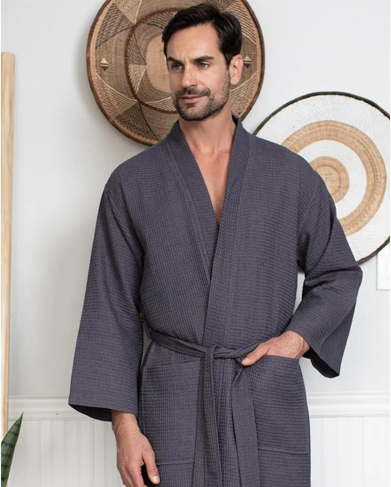 Lotus Linen Spa Men's Bath Robe – Soft Waffle Weave, Lightweight, Absorbent Cotton bathrobe for men