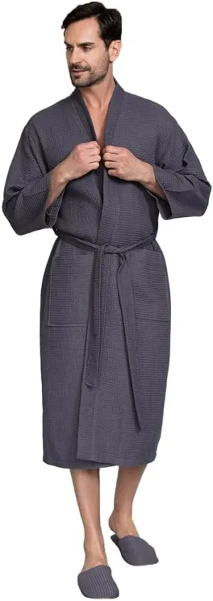 Lotus Linen Spa Men's Bath Robe – Soft Waffle Weave, Lightweight, Absorbent Cotton bathrobe for men