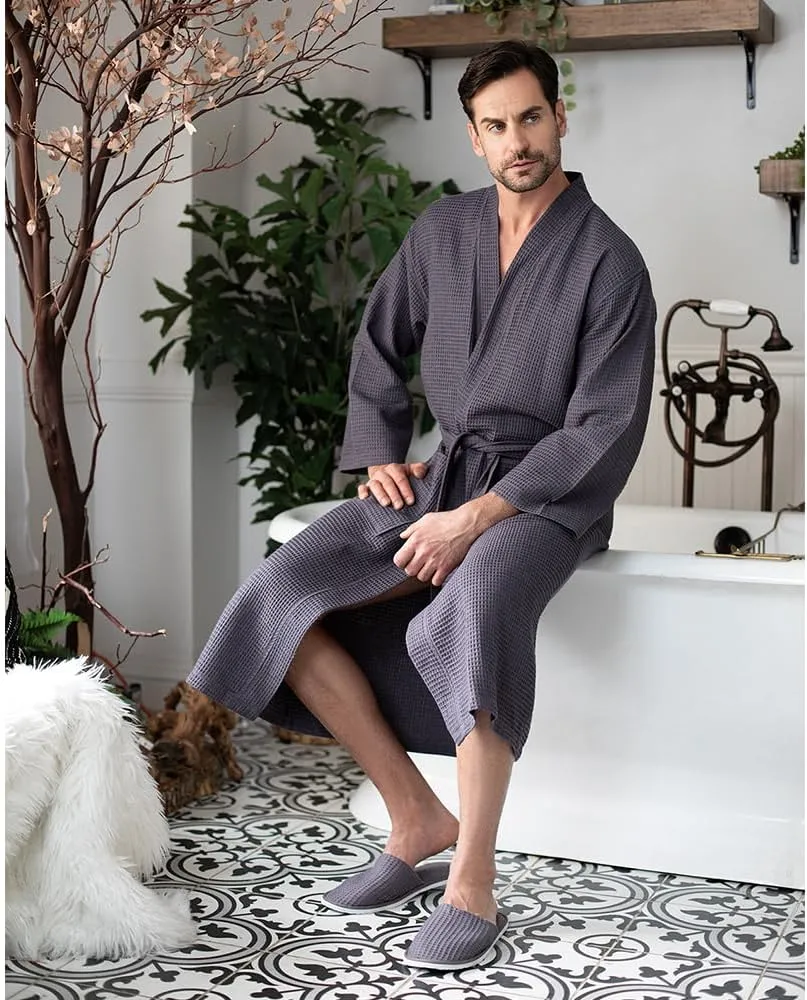 Lotus Linen Spa Men's Bath Robe – Soft Waffle Weave, Lightweight, Absorbent Cotton bathrobe for men