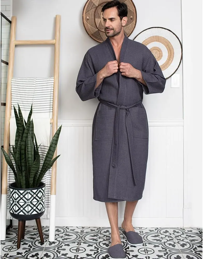 Lotus Linen Spa Men's Bath Robe – Soft Waffle Weave, Lightweight, Absorbent Cotton bathrobe for men