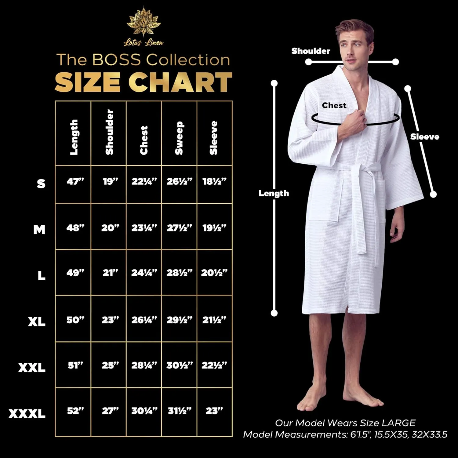 Lotus Linen Spa Men's Bath Robe – Soft Waffle Weave, Lightweight, Absorbent Cotton bathrobe for men