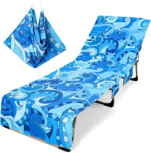 Lounge Cover Pool Chair Cover with Side Pockets Soft and Quick Dry Beach Chair Towel Cover for Sun Lounger Pool Sunbathing Hotel, No Slide, Blue Sea Waves 85 Inches L x 30 Inches W