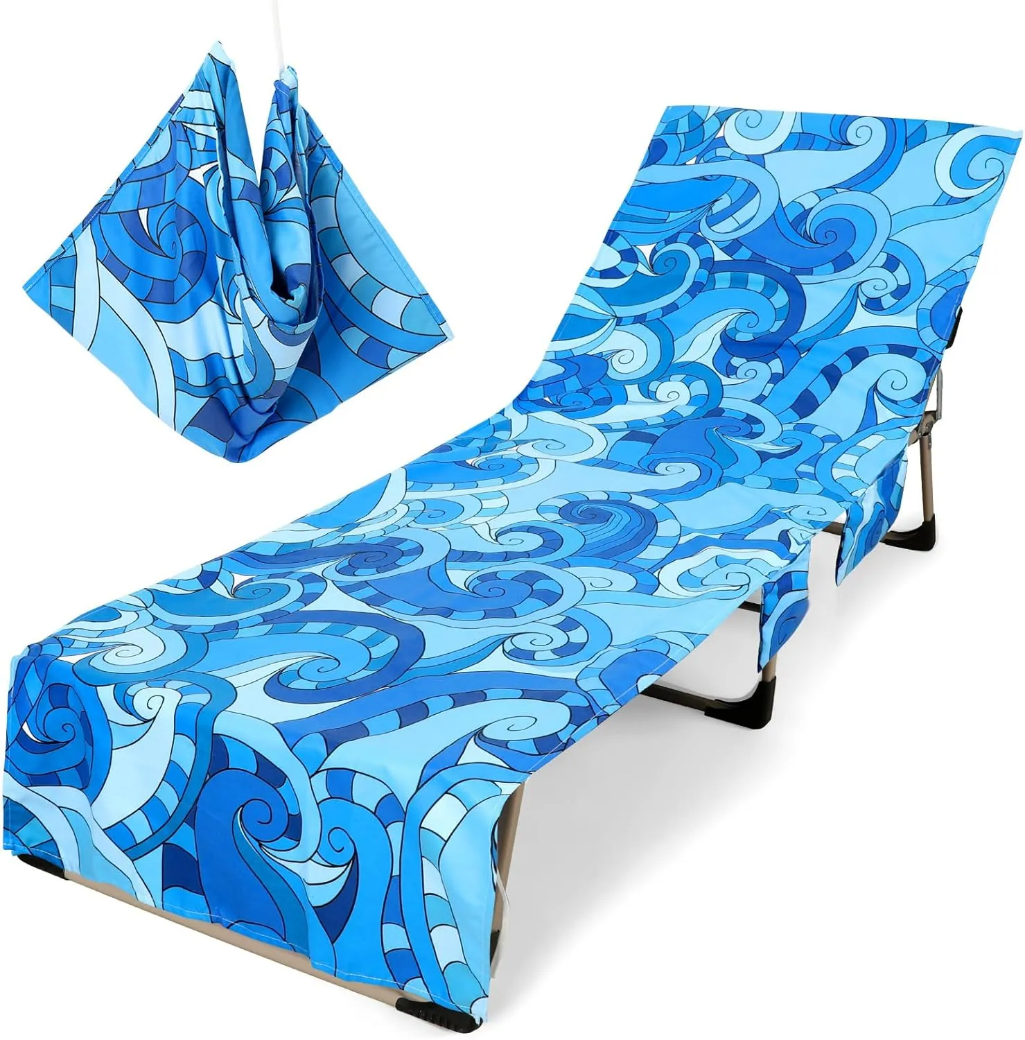 Lounge Cover Pool Chair Cover with Side Pockets Soft and Quick Dry Beach Chair Towel Cover for Sun Lounger Pool Sunbathing Hotel, No Slide, Blue Sea Waves 85 Inches L x 30 Inches W