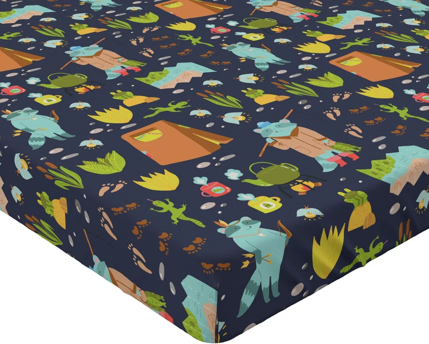 Lunarable Raccoon 2 Pack Fitted Sheet, Summer Camping in Forest, Bed Cover All-Round Elastic Deep Pockets 2 Pieces, Package Contains 2 California King Fitted Sheets, Multicolor