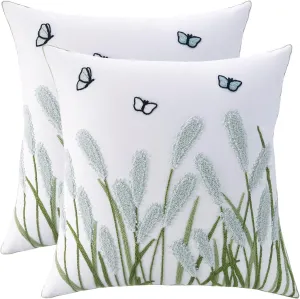 LUOYEHK Embroidered Throw Pillow Covers 18x18 Set of 2 Light Green Reed Flower Decorative Spring Pillowcases Farmhouse Floral Square Cushion Covers for Couch Sofa Bed Living Room