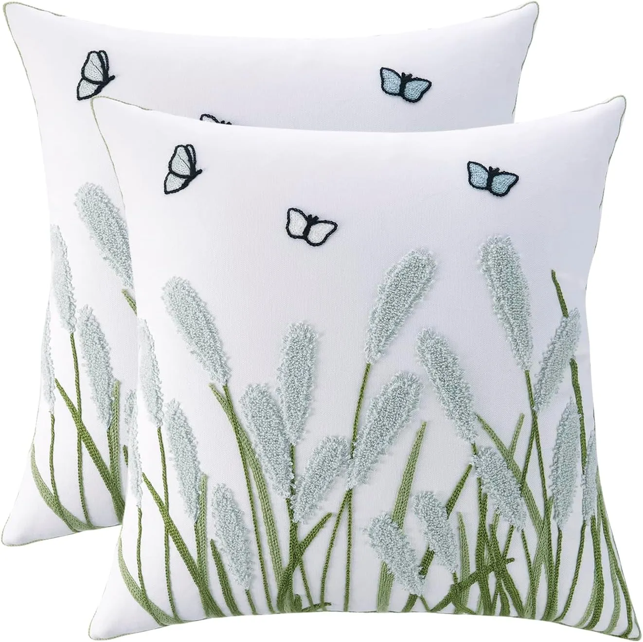 LUOYEHK Embroidered Throw Pillow Covers 18x18 Set of 2 Light Green Reed Flower Decorative Spring Pillowcases Farmhouse Floral Square Cushion Covers for Couch Sofa Bed Living Room