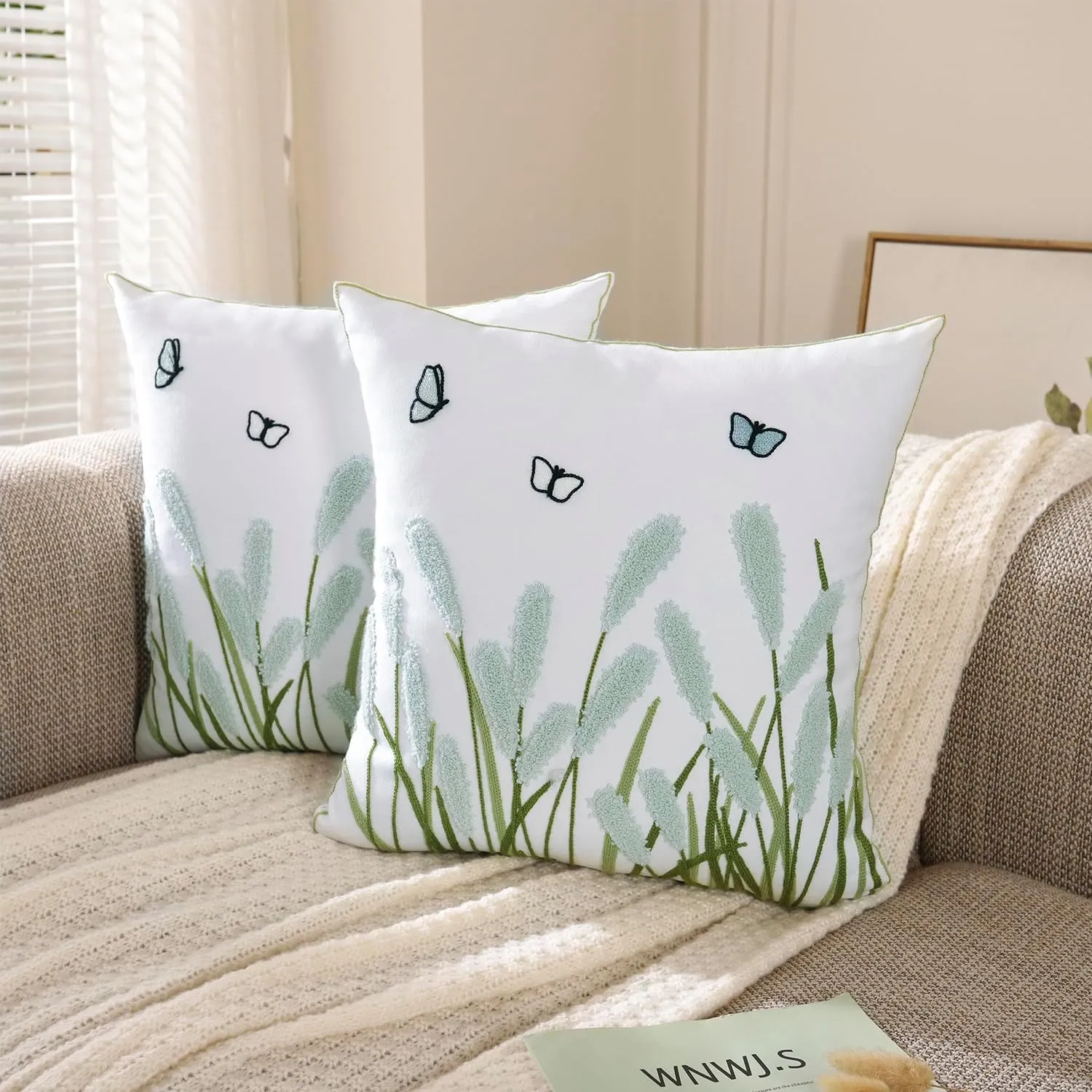 LUOYEHK Embroidered Throw Pillow Covers 18x18 Set of 2 Light Green Reed Flower Decorative Spring Pillowcases Farmhouse Floral Square Cushion Covers for Couch Sofa Bed Living Room