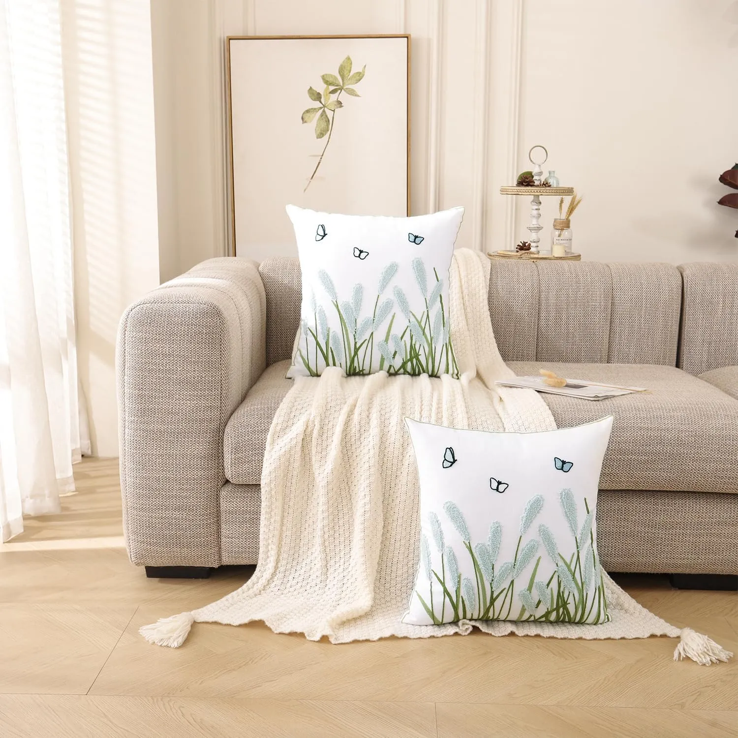 LUOYEHK Embroidered Throw Pillow Covers 18x18 Set of 2 Light Green Reed Flower Decorative Spring Pillowcases Farmhouse Floral Square Cushion Covers for Couch Sofa Bed Living Room
