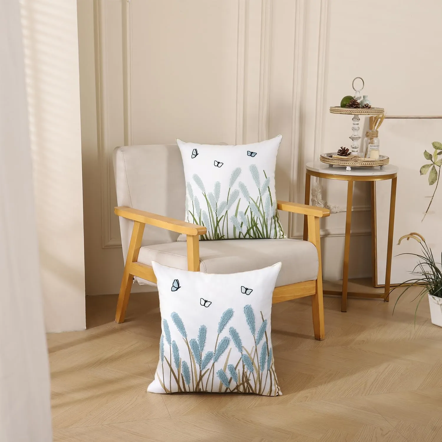 LUOYEHK Embroidered Throw Pillow Covers 18x18 Set of 2 Light Green Reed Flower Decorative Spring Pillowcases Farmhouse Floral Square Cushion Covers for Couch Sofa Bed Living Room