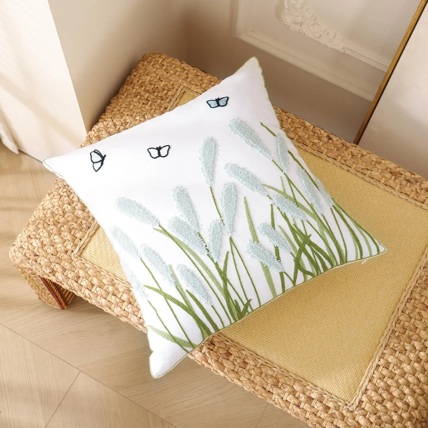 LUOYEHK Embroidered Throw Pillow Covers 18x18 Set of 2 Light Green Reed Flower Decorative Spring Pillowcases Farmhouse Floral Square Cushion Covers for Couch Sofa Bed Living Room