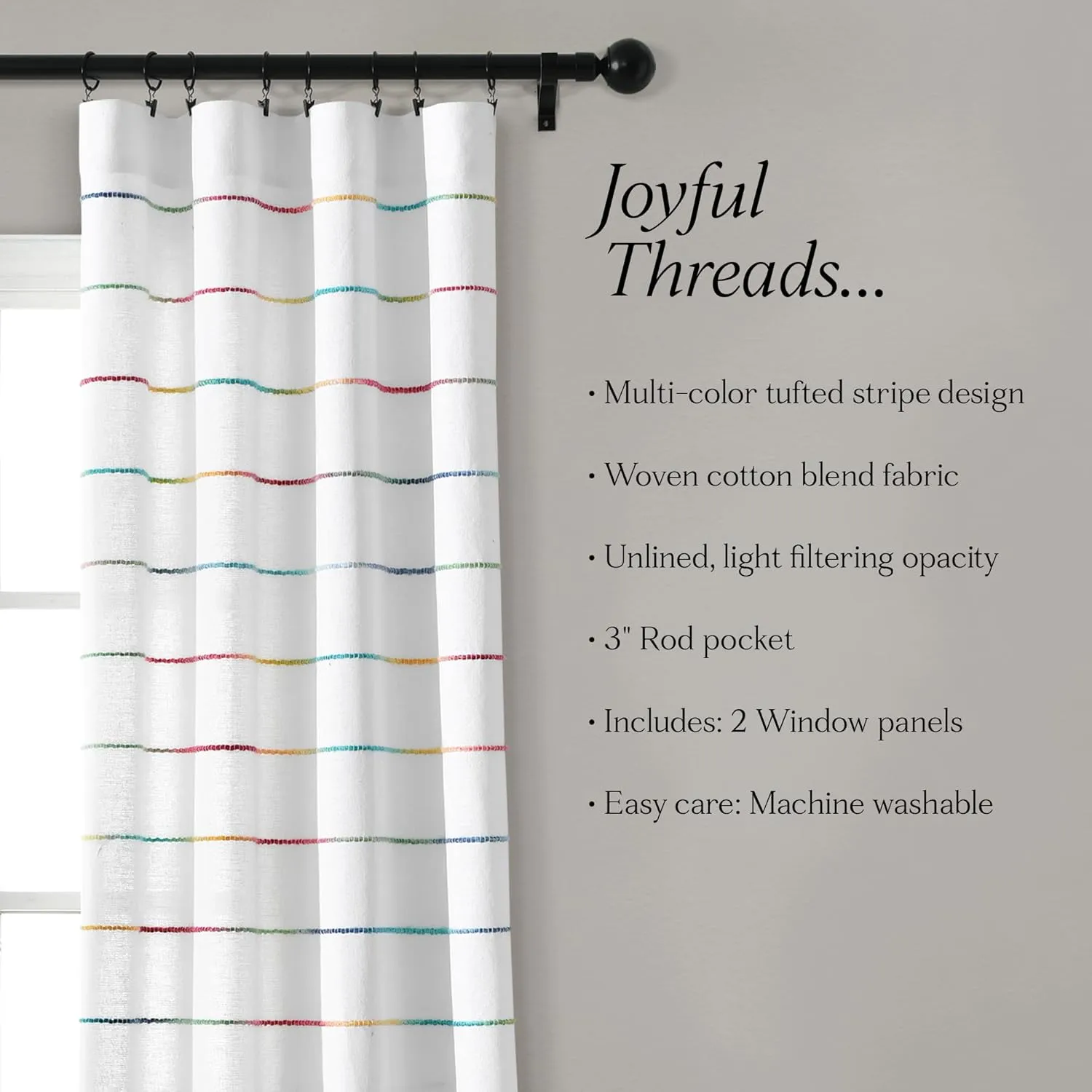 Lush Decor Ombre Stripe Yarn Dyed Cotton Window Curtains Panel Pair, 40" W x 95" L, Rainbow