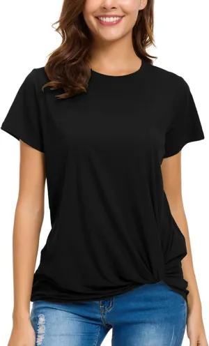 LUSMAY Womens Short Sleeve Loose Twist Knot Front T Shirts Cotton Casual Blouse
