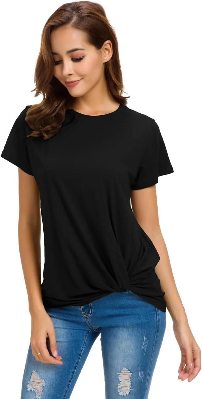 LUSMAY Womens Short Sleeve Loose Twist Knot Front T Shirts Cotton Casual Blouse