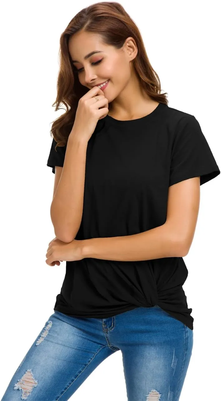 LUSMAY Womens Short Sleeve Loose Twist Knot Front T Shirts Cotton Casual Blouse