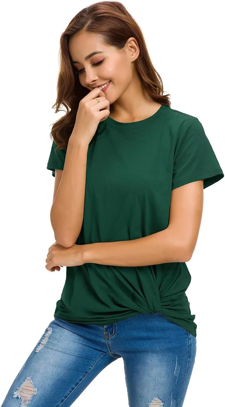 LUSMAY Womens Short Sleeve Loose Twist Knot Front T Shirts Cotton Casual Blouse