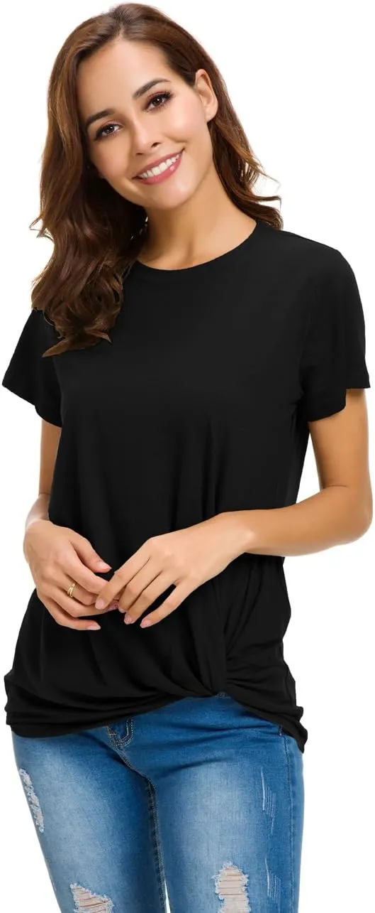 LUSMAY Womens Short Sleeve Loose Twist Knot Front T Shirts Cotton Casual Blouse