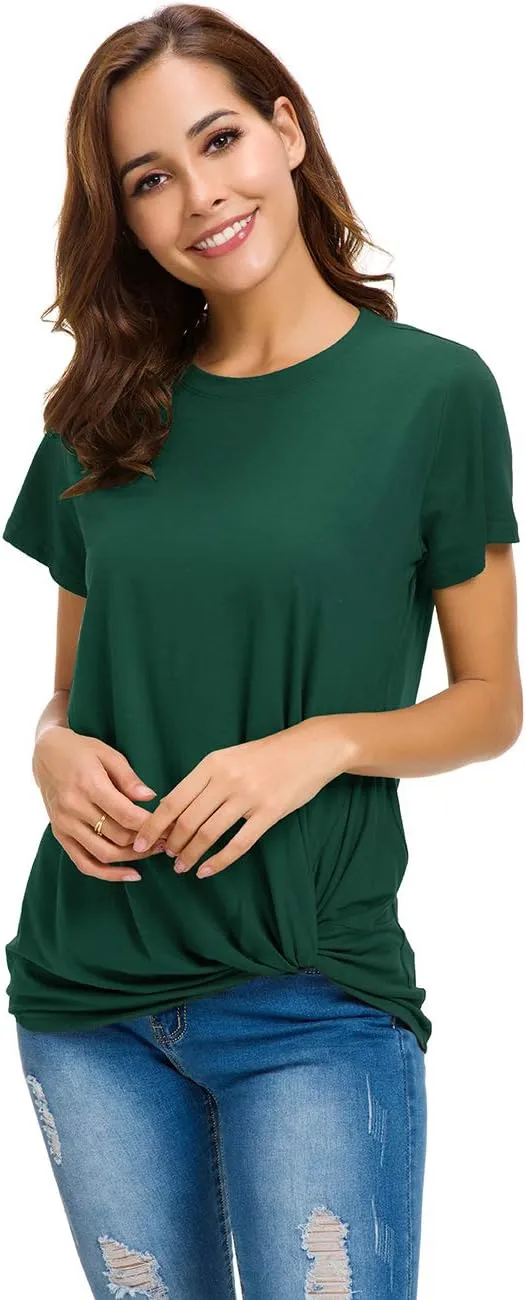LUSMAY Womens Short Sleeve Loose Twist Knot Front T Shirts Cotton Casual Blouse