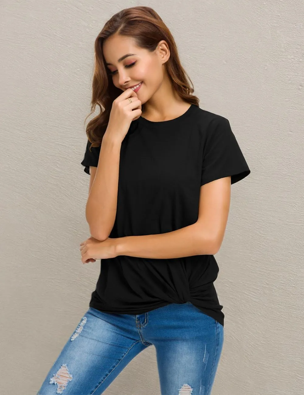 LUSMAY Womens Short Sleeve Loose Twist Knot Front T Shirts Cotton Casual Blouse