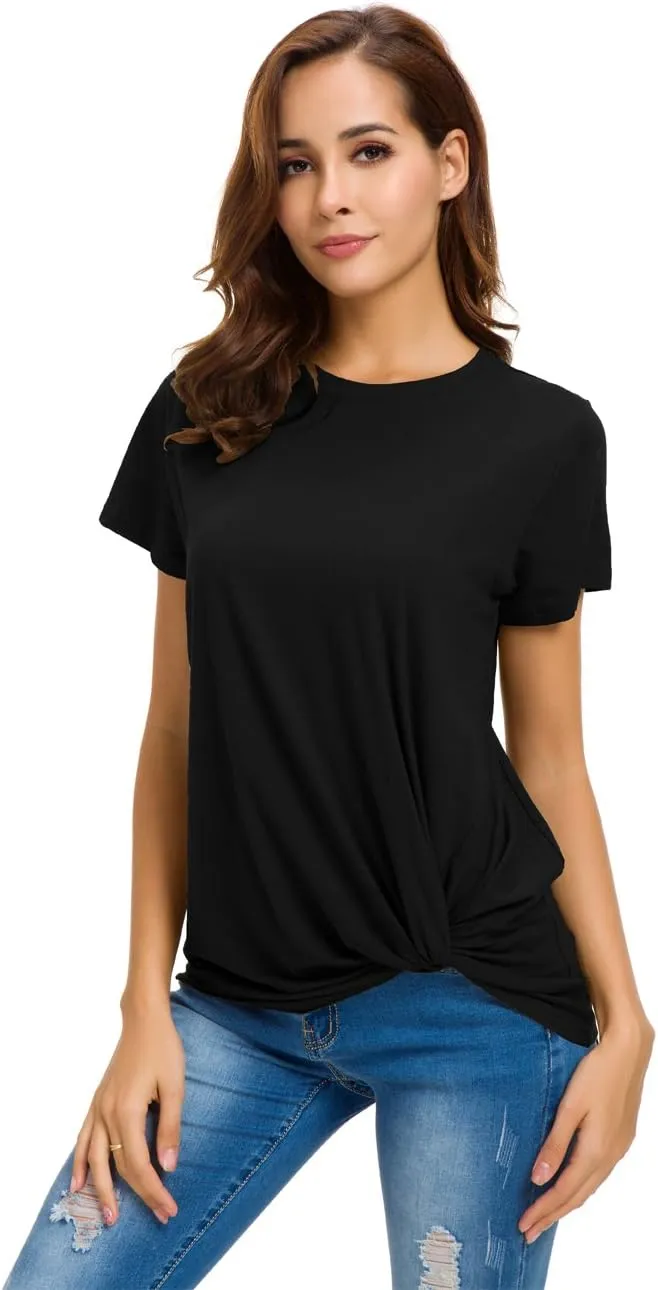 LUSMAY Womens Short Sleeve Loose Twist Knot Front T Shirts Cotton Casual Blouse