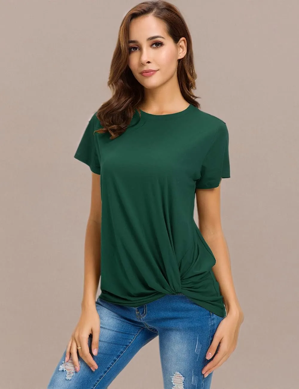 LUSMAY Womens Short Sleeve Loose Twist Knot Front T Shirts Cotton Casual Blouse