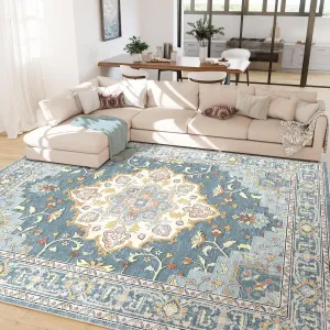 Machine Washable 8x10 Area Rugs for Living Room Vintage Carpet Non Slip Low Pile Water Repellent Soft Print Pattern for Bedroom Indoor Decor Polyester Rug Blue