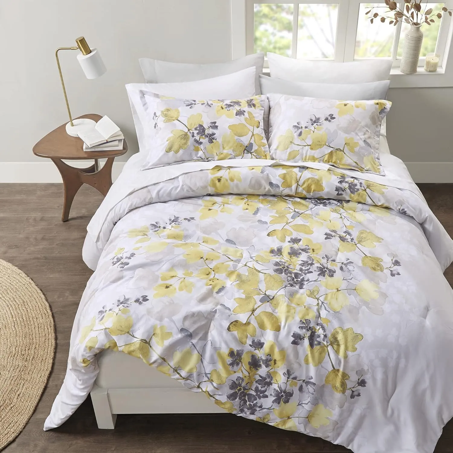 Madison Park Bed in A Bag-Trendy Casual Design Cozy Comforter with Complete Sheet Set with Side Pocket, All Season Cover, Matching Shams, Queen, Leaf Yellow 9 Piece
