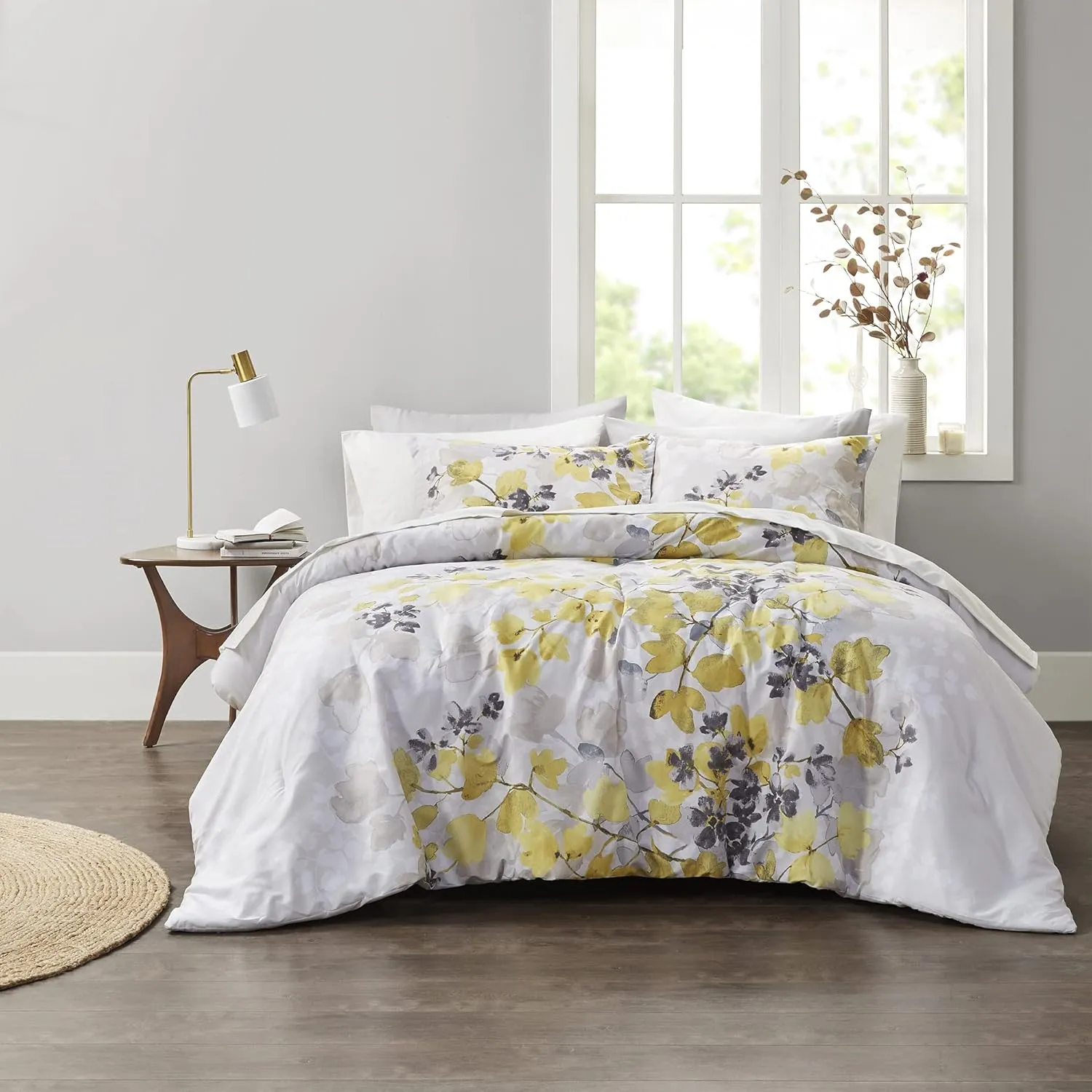 Madison Park Bed in A Bag-Trendy Casual Design Cozy Comforter with Complete Sheet Set with Side Pocket, All Season Cover, Matching Shams, Queen, Leaf Yellow 9 Piece
