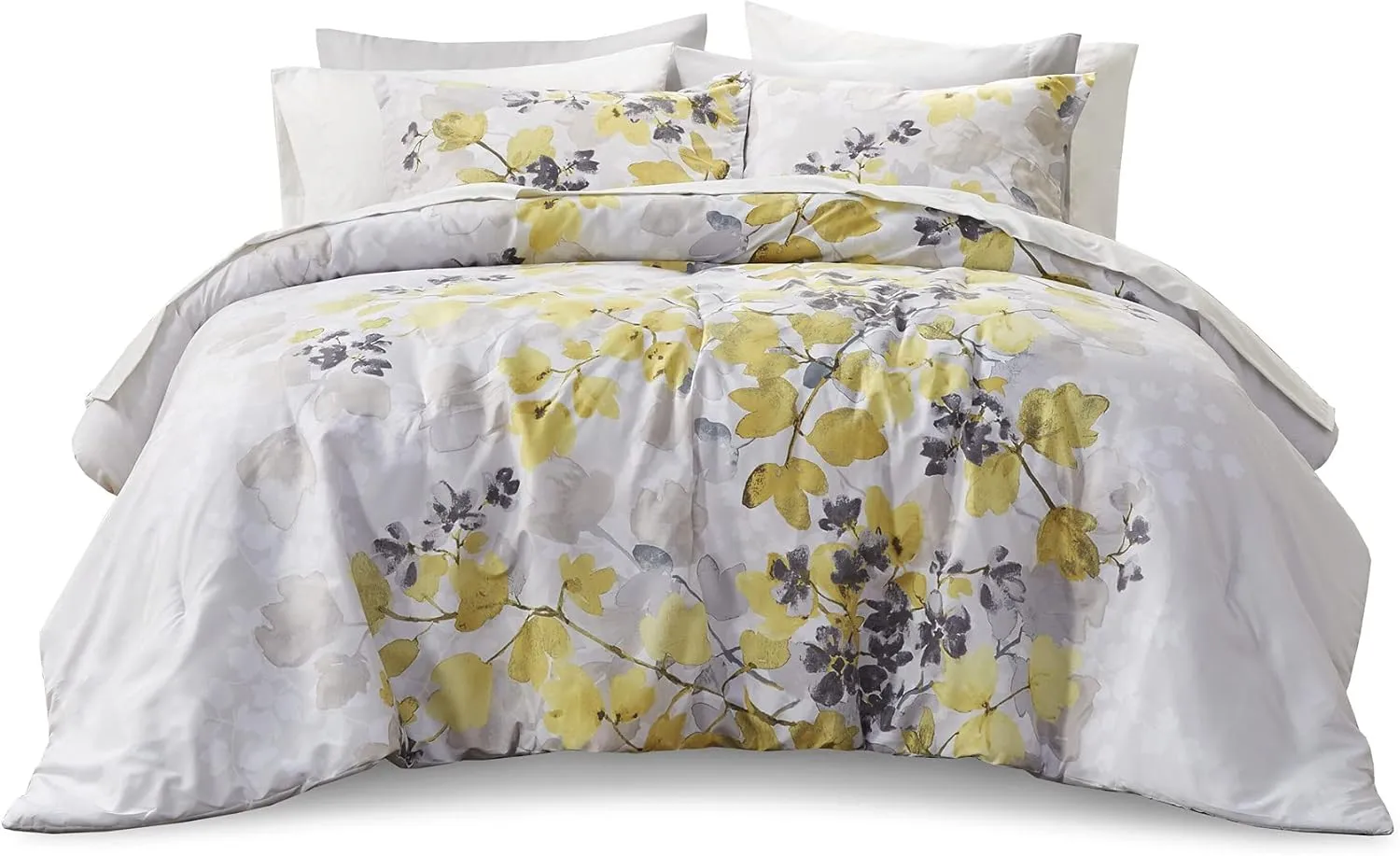Madison Park Bed in A Bag-Trendy Casual Design Cozy Comforter with Complete Sheet Set with Side Pocket, All Season Cover, Matching Shams, Queen, Leaf Yellow 9 Piece