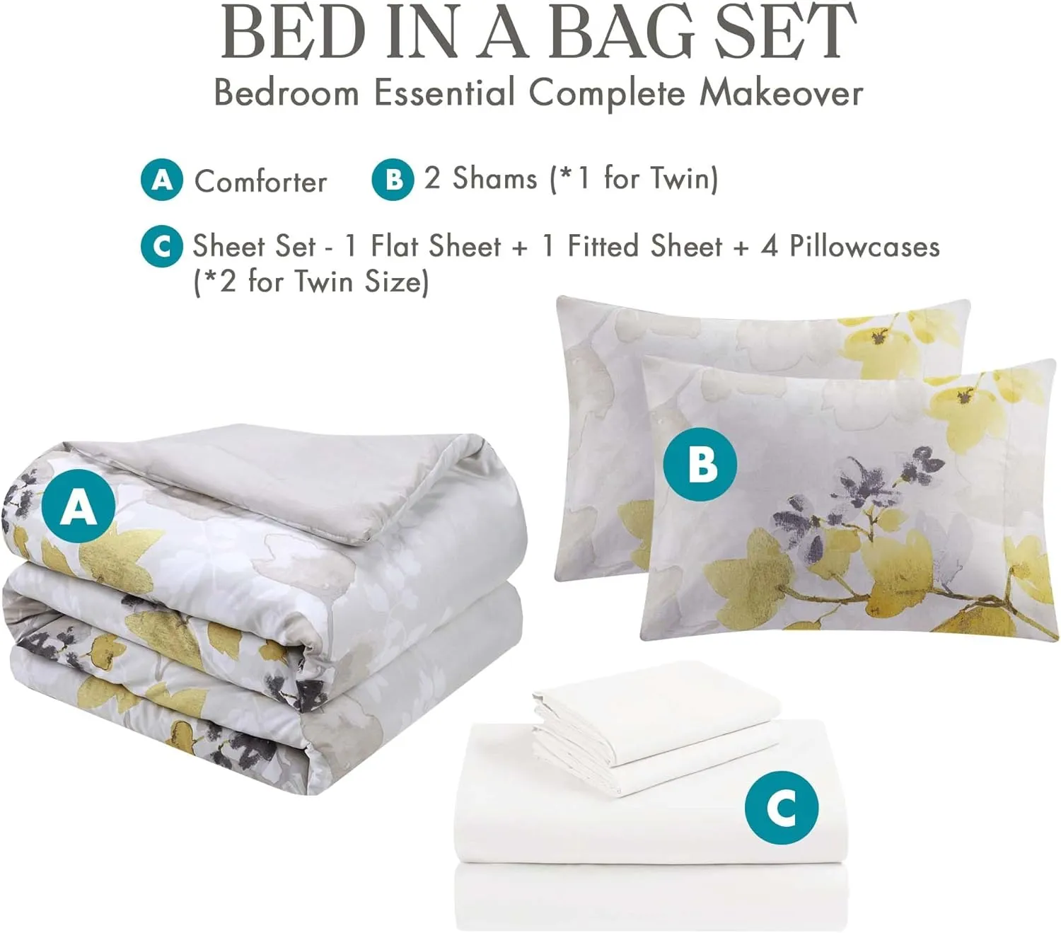 Madison Park Bed in A Bag-Trendy Casual Design Cozy Comforter with Complete Sheet Set with Side Pocket, All Season Cover, Matching Shams, Queen, Leaf Yellow 9 Piece