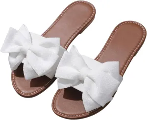 MakeMeChic Women's Bow Open Toe Flat Sandals PU Leather Slip On Summer Slides Sandal