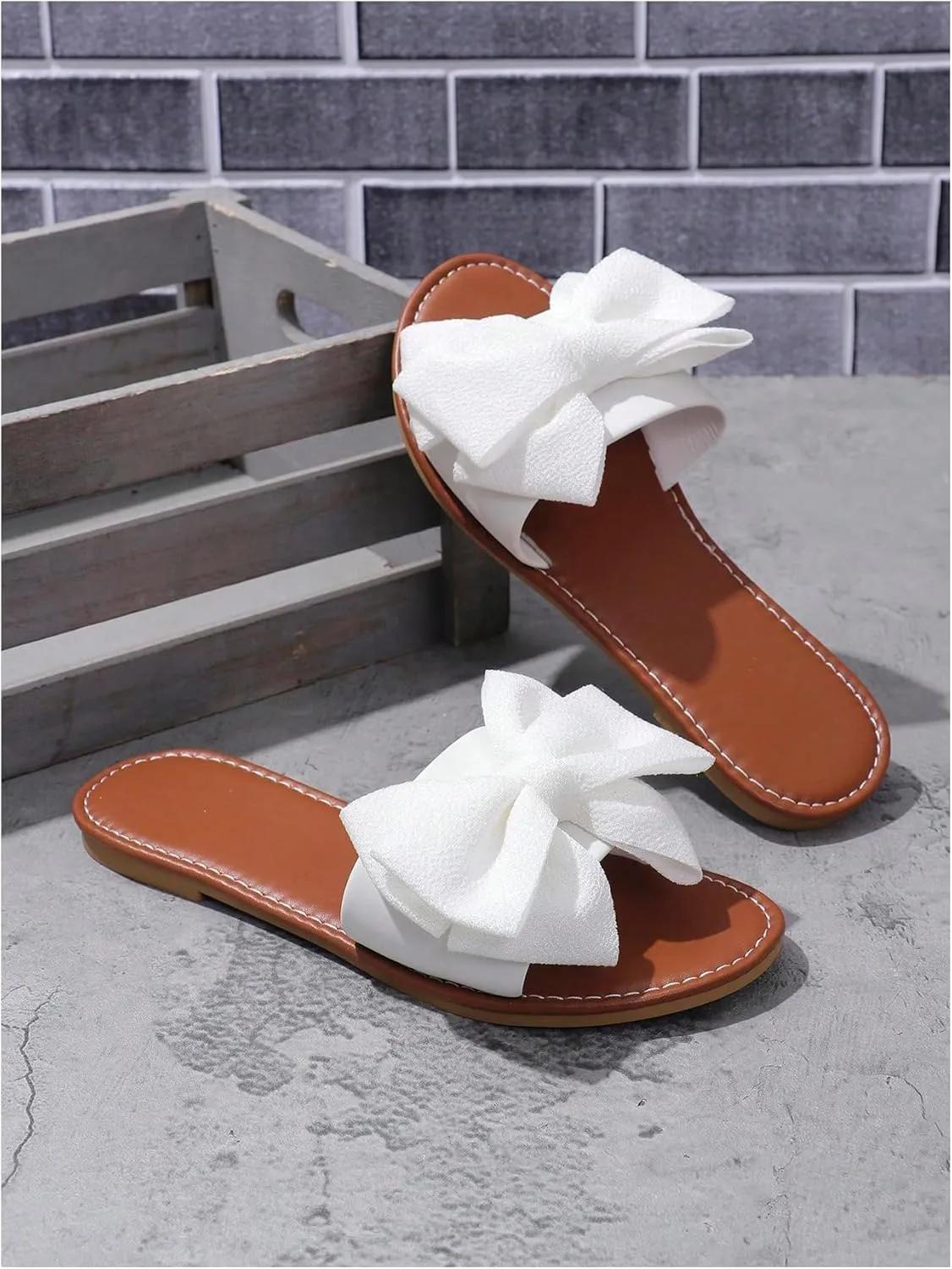 MakeMeChic Women's Bow Open Toe Flat Sandals PU Leather Slip On Summer Slides Sandal
