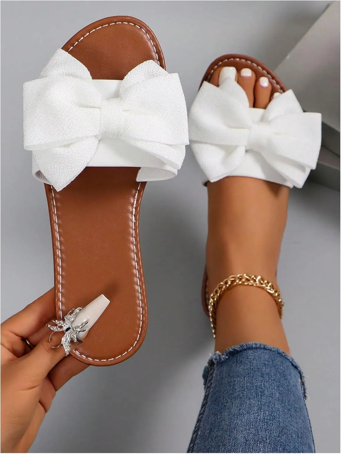 MakeMeChic Women's Bow Open Toe Flat Sandals PU Leather Slip On Summer Slides Sandal