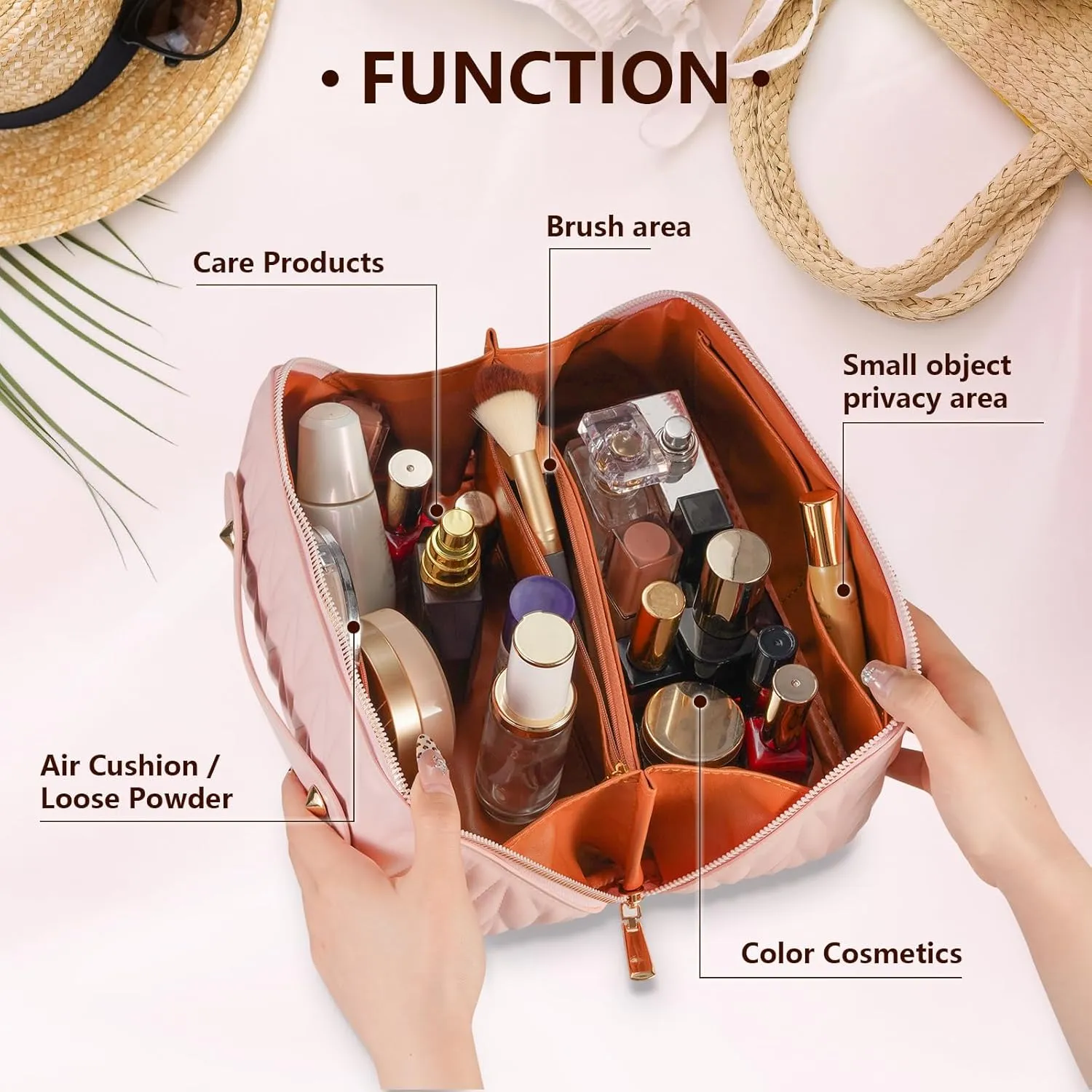 Makeup Bag, Leather Waterproof Portable Travel Toiletry Bag, Open Flat Compartment Cosmetic Bag for Toiletries Accessories Brushes, Make Up Bag Pink