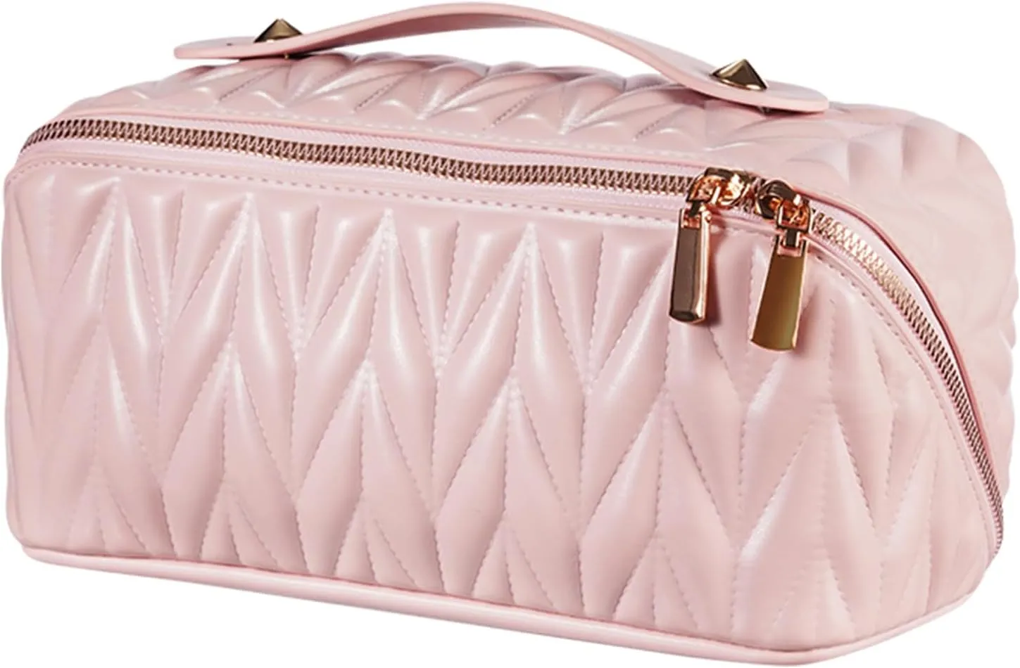 Makeup Bag, Leather Waterproof Portable Travel Toiletry Bag, Open Flat Compartment Cosmetic Bag for Toiletries Accessories Brushes, Make Up Bag Pink