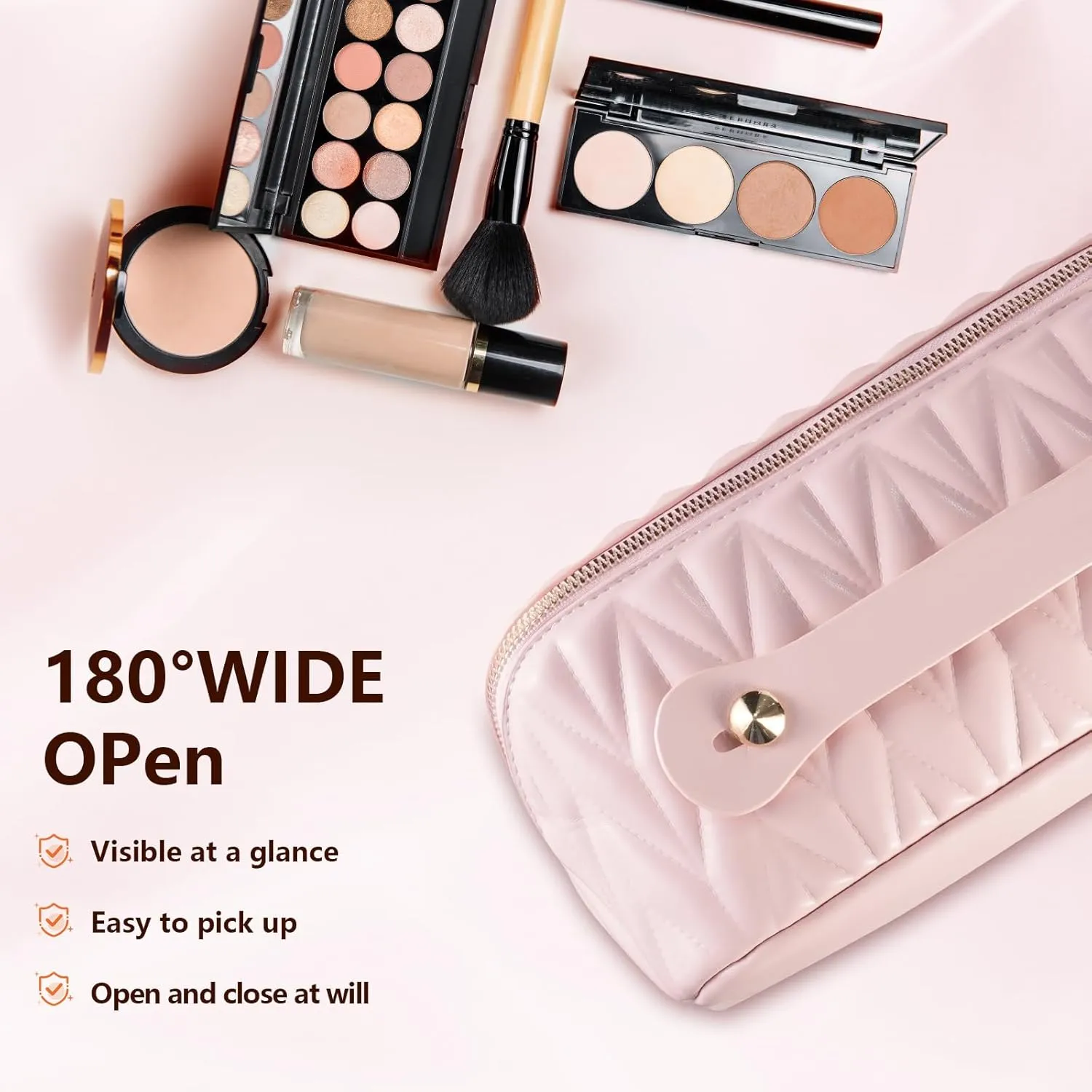 Makeup Bag, Leather Waterproof Portable Travel Toiletry Bag, Open Flat Compartment Cosmetic Bag for Toiletries Accessories Brushes, Make Up Bag Pink