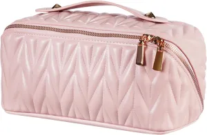 Makeup Bag, Leather Waterproof Portable Travel Toiletry Bag, Open Flat Compartment Cosmetic Bag for Toiletries Accessories Brushes, Make Up Bag Pink