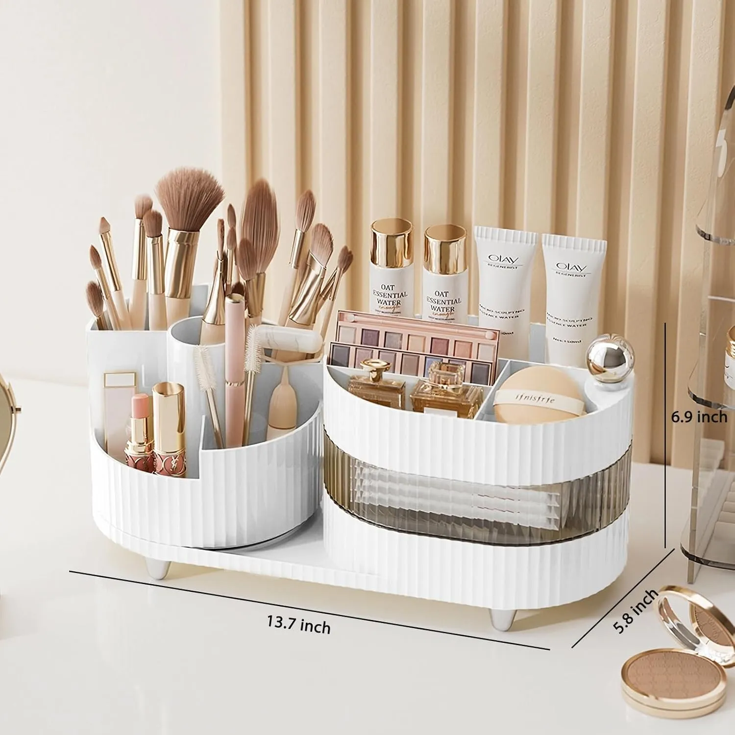 Makeup Organizer Countertop 360°Rotating Makeup Organizer for Vanity - Make Up & Jewelry Storage Cosmetic Storage Holder with Makeup Brush Holder (3 Tiers, White)